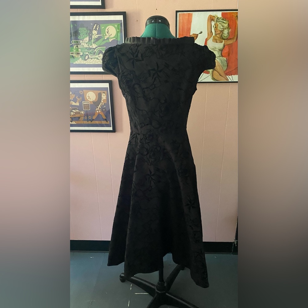 Velvet Burnout Rockabilly Print Corset Ribbon Trimmed Dress Queen Anne Neckline - Picture 2 of 16